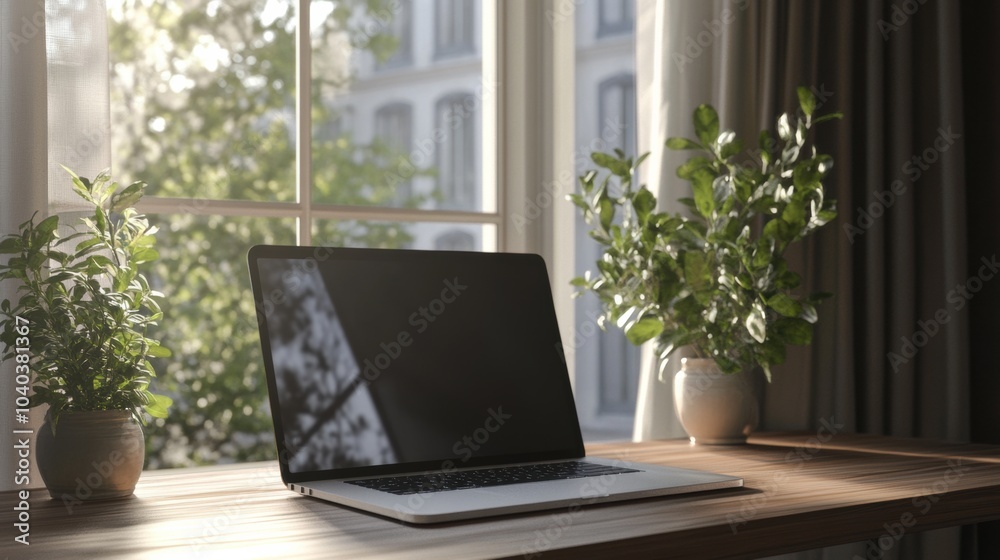 Aufkleber natural light floods a cozy workspace where a laptop sits next to vibrant potted plants, creating a 