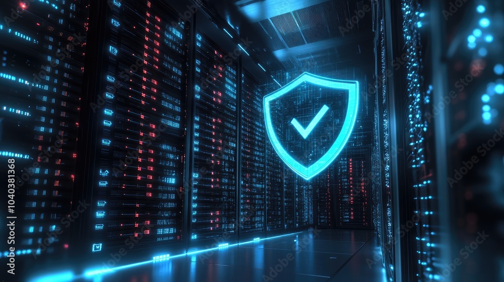 Poster advanced cybersecurity infrastructure with shield icon representing data protection in a modern serv