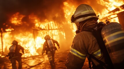 Firefighters wearing full gear and oxygen tanks bravely advance towards a raging inferno, lighting up the night with intense flames, exemplifying courage under crisis.