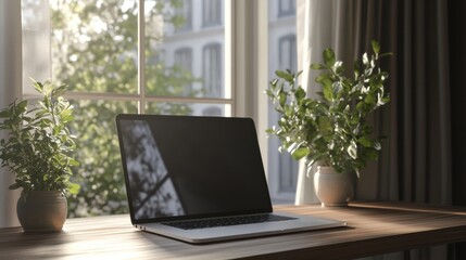 Natural light floods a cozy workspace where a laptop sits next to vibrant potted plants, creating a warm and inviting atmosphere. Generative AI