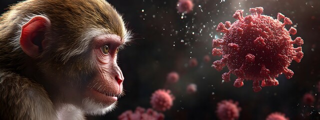 Sick monkey and orthopoxvirus MPOX cells. Transmission monkeypox virus viral of animals to humans. Pox viral infection. Smallpox vaccine, control spread of disease. Science and medical concept
