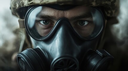 A soldier wearing a gas mask displays intense, serious eyes, highlighting vigilance and preparedness amidst chemical or environmental threats.