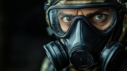 The intense gaze of an individual behind a sealed gas mask conveys a feeling of alertness and precision in an unseen environment, adding to the tension.