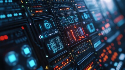 Futuristic data center interface with advanced technology visuals and neon accents