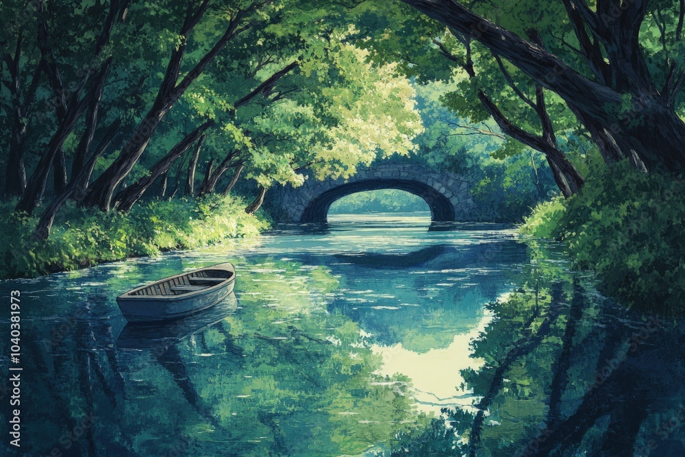 Poster a painting of a boat on a river under a bridge