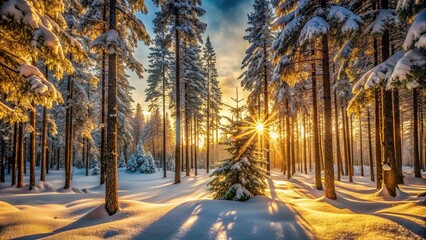 Winter Pine Forest Sunrise with Sunbeams - Vintage Film Aesthetic Photography