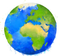 Watercolor Earth illustration, painted globe, Europa and Africa continents, oceans. Artistic picture of earth