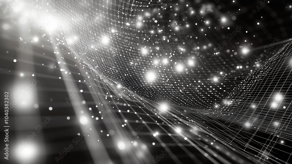 Poster A futuristic 3D render of an abstract digital network with glowing dots and light rays against a black backdrop. The scene showcases a complex, high-tech structure of geometric grids and white data fl