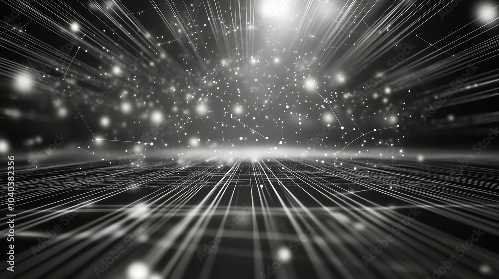 Poster A futuristic 3D render of an abstract digital network with glowing dots and light rays against a black backdrop. The scene showcases a complex, high-tech structure of geometric grids and white data fl