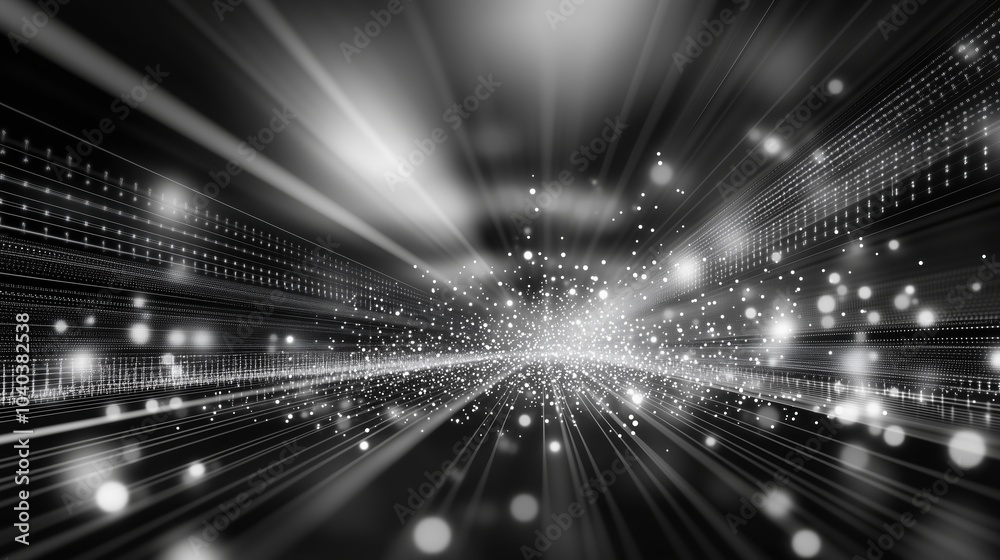Poster A futuristic 3D render of an abstract digital network with glowing dots and light rays against a black backdrop. The scene showcases a complex, high-tech structure of geometric grids and white data fl