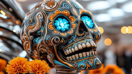 Naklejka premium Vivid sugar skull with intricate designs and glowing blue and orange accents, surrounded by marigold flowers, creating festive and colorful atmosphere