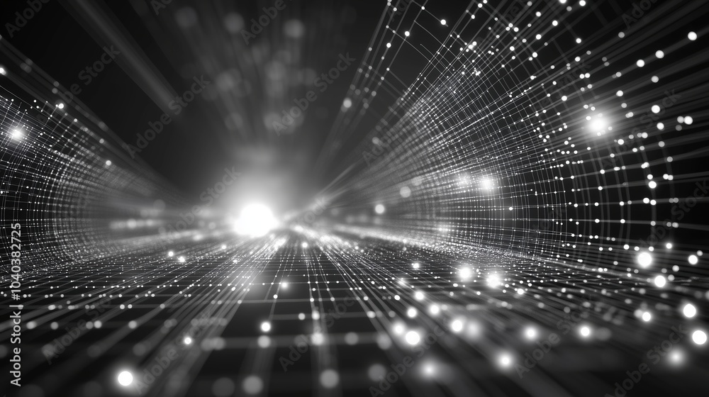 Poster A futuristic 3D render of an abstract digital network with glowing dots and light rays against a black backdrop. The scene showcases a complex, high-tech structure of geometric grids and white data fl