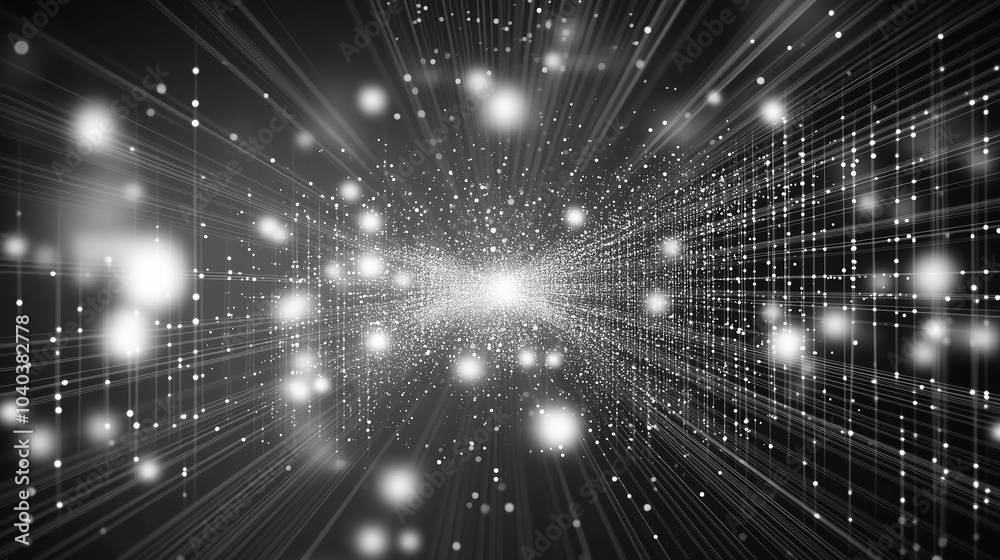 Poster A futuristic 3D render of an abstract digital network with glowing dots and light rays against a black backdrop. The scene showcases a complex, high-tech structure of geometric grids and white data fl