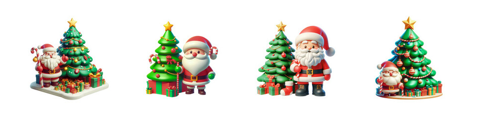 Set of Christmas tree with Santa 3d icon in cartoon style, Happy Christmas Day special, isolated over on transparent white background