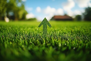 Green grass field with a symbolic upward arrow, representing sustainable development and motivational progress in environmental practices.