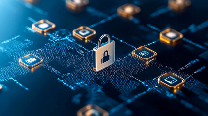 dynamic infographic illustrating significance of cybersecurity, featuring central padlock symbol surrounded by various digital icons representing data protection and secure communication