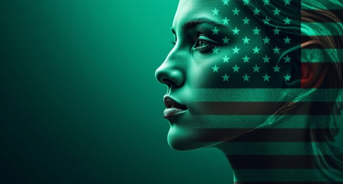 Media transparency in teal and dark green with blending gradients, featuring the American flag as a central metaphor. Layered textures and subtle overlays add depth, enhancing the theme of national tr