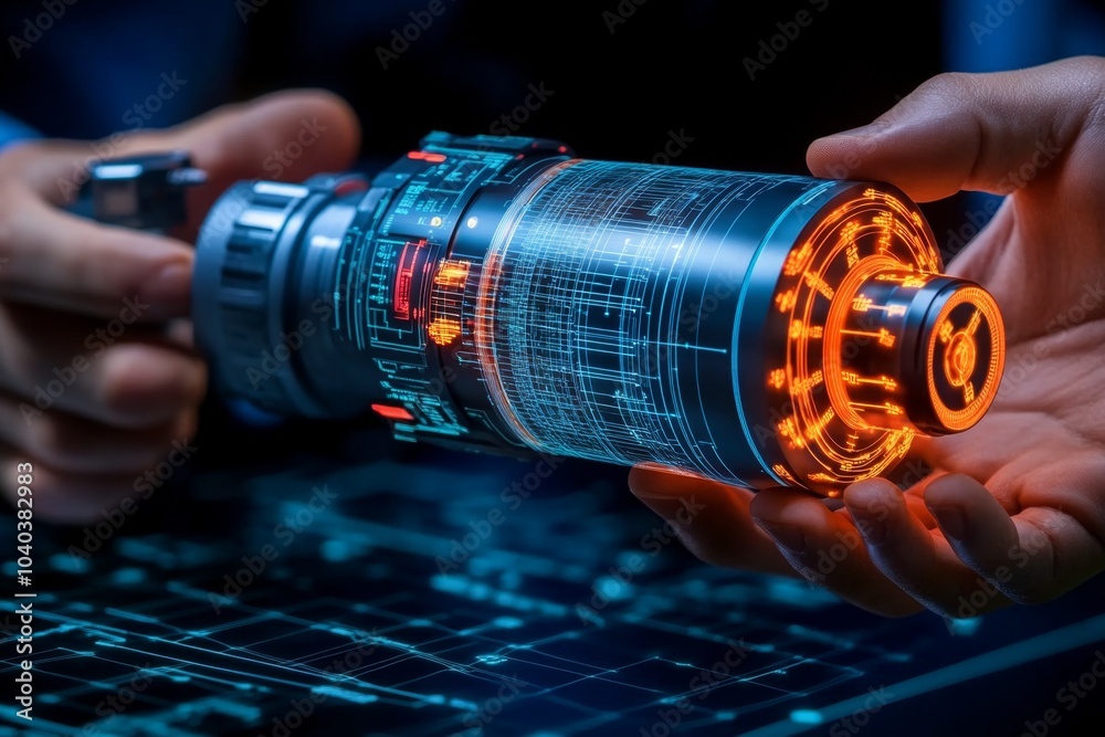 Poster futuristic holographic blueprint of a machine, with a mechanical engineer manipulating the design in