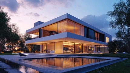 Contemporary architectural marvel a modern home surrounded by nature at dusk