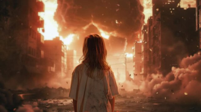 Small Girl In War Zone Standing Alone In Front of Atomic Bomb Blast Burning Street Resilience Urban Destruction Disaster Trauma