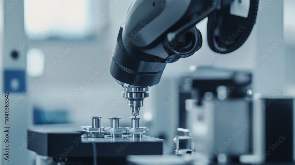 Poster An advanced robotic arm assembling delicate optical components in a clean optics lab, precise and high-tech environment with a focus on optical engineering, Precision style