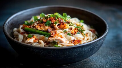 A bowl of steaming noodles topped with savory toppings, including spices and vegetables, presenting a delightful blend of flavors to entice your taste buds warmly.