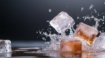 Three ice cubes splash into water creating droplets; a dynamic and refreshing scene depicting a collision of water and ice in a moment of movement and clarity.