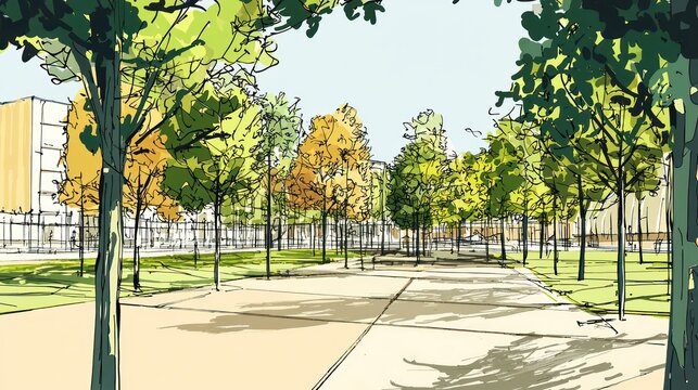 Green urban area planning sketch, depicting an empty serene city park with trees, capturing the tranquility of a peaceful outdoor space.