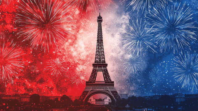 Eiffel Tower with Vibrant Fireworks and French Flag Colors