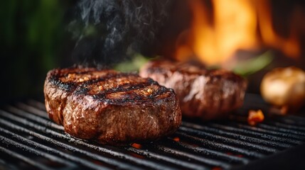 Thick, juicy steaks sizzling and grilling over an open flame, showcasing savory flavor and culinary prowess in outdoor cooking settings for meat lovers.