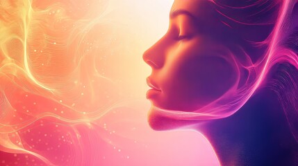 Photorealistic Background of Woman Immersed in Sound Waves, Meditation, Wellness, and Serenity