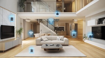 Modern smart home interior with integrated technology and design elements