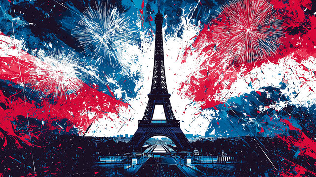 Eiffel Tower with Vibrant Fireworks and French Flag Colors