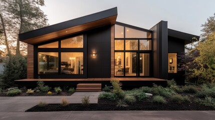 A contemporary house showcasing an angular roof design, large windows, and surrounded by lush greenery, highlighting simplicity and elegance at twilight.