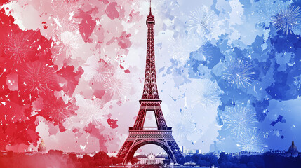 Eiffel Tower with Vibrant Fireworks and French Flag Colors