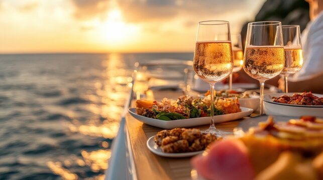 The image captures a relaxing dining experience at sunset on the ocean, featuring elegant dishes and glasses of wine. The sun sets beautifully, adding to the ambiance.