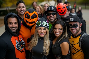 Halloween costume contest, with participants in creative and spooky outfits posing on a stage, surrounded by cheering crowds