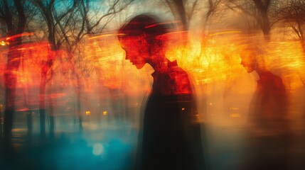 A woman standing in profile, her silhouette blending with abstract, blurred lights in a forest setting. The warm, fiery hues of red, orange, and yellow dominate the background