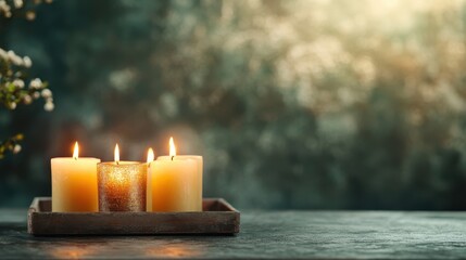 A warm setting features four lit candles on a rustic tray, casting a gentle glow against a softly focused background. Perfect for cozy, introspective themes.