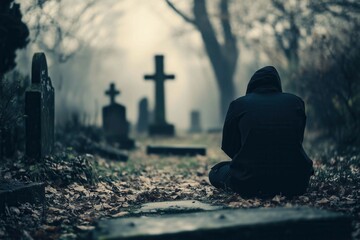 Hooded person sitting in grief at a peaceful cementary