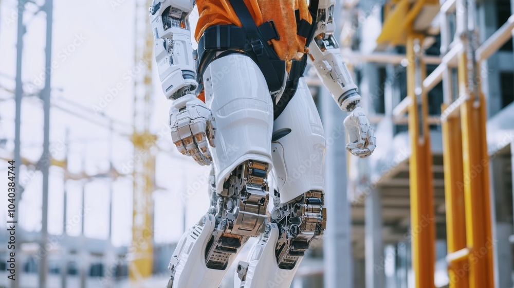 Poster An advanced robotic exoskeleton assisting a worker in a high-tech construction site, clean and innovative environment with a focus on enhancing human capability, Construction style
