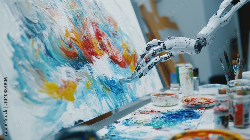 Poster An advanced robotic painter creating abstract art in a modern art studio, clean and creative environment with a focus on artistic robotics, Artistic style