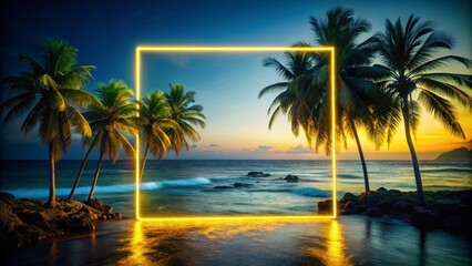 Obraz premium Yellow Neon Frame at Night by the Sea with Palm Trees - Stunning Tilt-Shift Photography