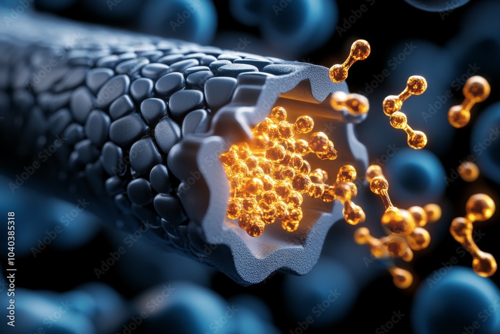 Poster human cell membrane under a microscope, with ion channels open and glowing ions passing through the 