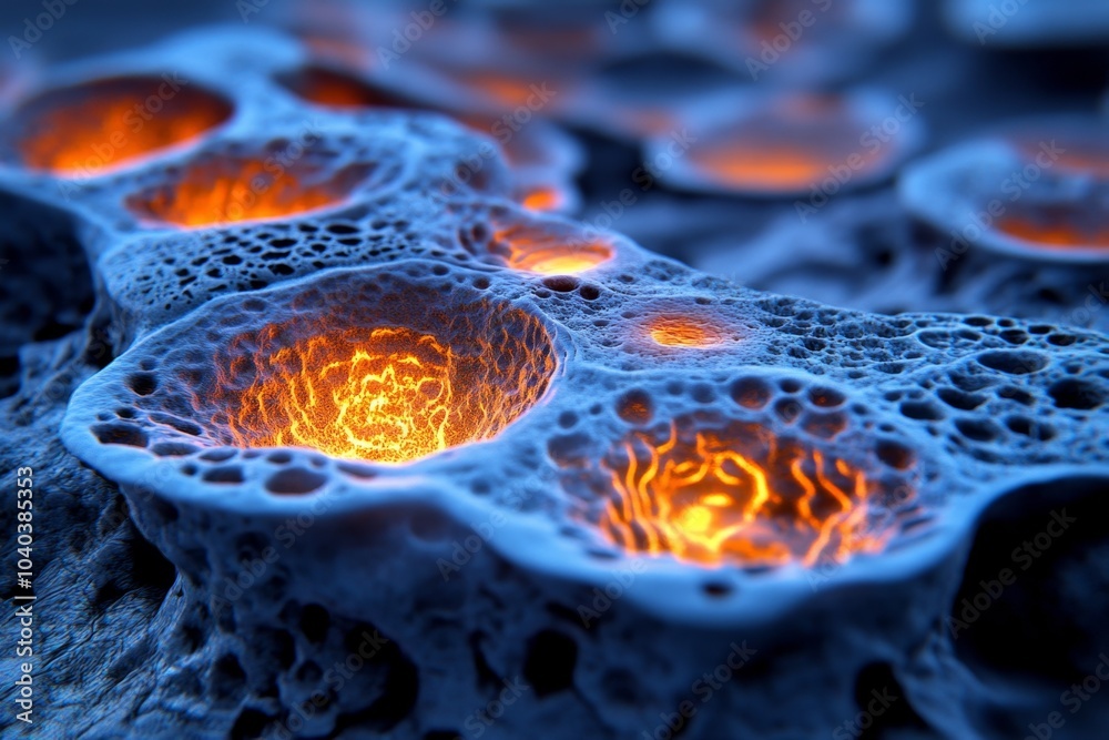 Poster human cell membrane under a microscope, with ion channels open and glowing ions passing through the 