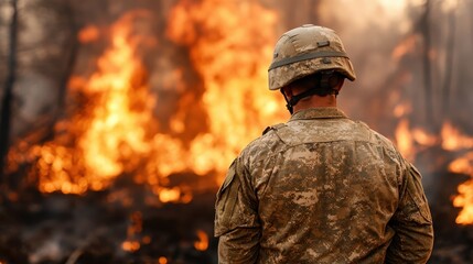 A lone warrior in military gear observes an intense fire consuming the landscape, evoking themes of resolve, vigilance, and duty amidst destruction.