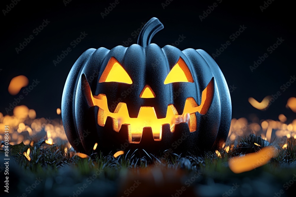 Aufkleber hyper-realistic close-up of a glowing jack-o'-lantern, with every detail of the carved face and flic