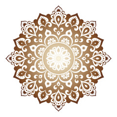 Color circular pattern in form of mandala with flower for decoration or print. Decorative ornament in ethnic oriental style. Bronze color design on black background.