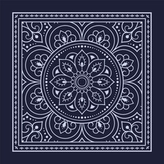 Circular pattern in form of mandala with flower for Henna, Mehndi, decoration. Blue decorative ornament in ethnic oriental style for a bandana. Outline doodle hand draw vector illustration.