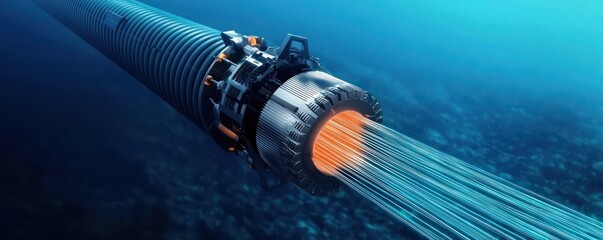 High-tech submarine fiber-optic cable for global underwater communication, illustrating high-speed internet data transmission across oceans.